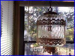 Vintage Swag Clear Ripple Glass Pendant Hanging Lamp Copper Floral Filigree Rare