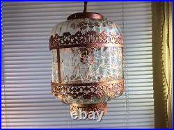 Vintage Swag Clear Ripple Glass Pendant Hanging Lamp Copper Floral Filigree Rare