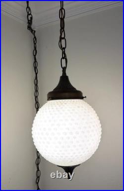 Vintage Swag Hanging Globe Light Fixture Hobnail Milk Glass & Brass MCM Plugs In