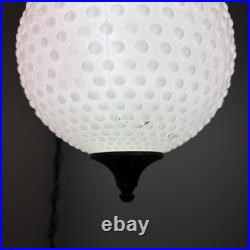 Vintage Swag Hanging Globe Light Fixture Hobnail Milk Glass & Brass MCM Plugs In