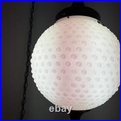 Vintage Swag Hanging Globe Light Fixture Hobnail Milk Glass & Brass MCM Plugs In