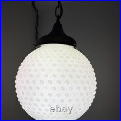 Vintage Swag Hanging Globe Light Fixture Hobnail Milk Glass & Brass MCM Plugs In