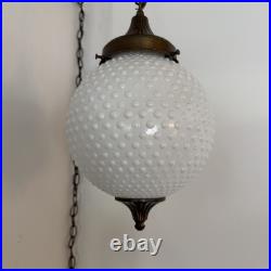 Vintage Swag Hanging Globe Light Fixture Hobnail Milk Glass & Brass MCM Plugs In