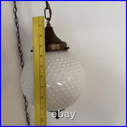 Vintage Swag Hanging Globe Light Fixture Hobnail Milk Glass & Brass MCM Plugs In