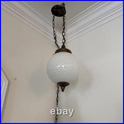 Vintage Swag Hanging Globe Light Fixture Hobnail Milk Glass & Brass MCM Plugs In