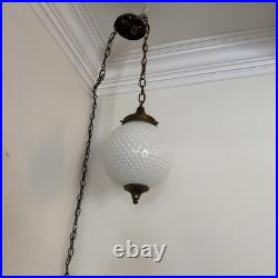 Vintage Swag Hanging Globe Light Fixture Hobnail Milk Glass & Brass MCM Plugs In