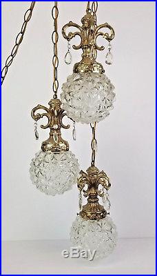 Vintage Swag Hanging Lamp Crystal Drops Hollywood Regency Rococo Style Gold