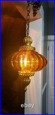 Vintage Swag Hanging Lamp with Amber Glass Shade