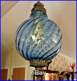 Vintage Swag Hanging Light/Lamp Blown Blue Swirl Glass Bronze Hardware Home Ligh