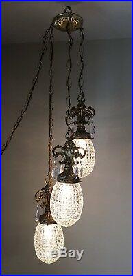 Vintage Swag Hanging Pendant Light Lamp Fixture Clear Glass Globe 3 Tier MCM
