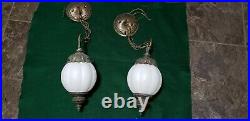 Vintage Swag Hanging White Round Glass Globe Light Lamp With Chain. (set Of Two)