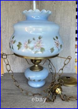 Vintage Swag Hurricane Hanging Lamp 3-Way Blue Floral Shade Ceiling Fixture 18