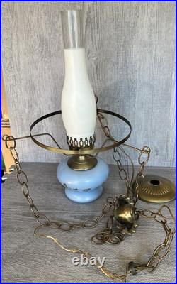Vintage Swag Hurricane Hanging Lamp 3-Way Blue Floral Shade Ceiling Fixture 18