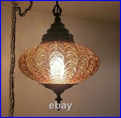 Vintage Swag Lamp Amber Glass Drape Pattern Hanging Light Mid Century Plug In