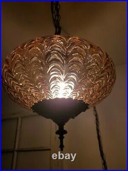 Vintage Swag Lamp Amber Glass Drape Pattern Hanging Light Mid Century Plug In
