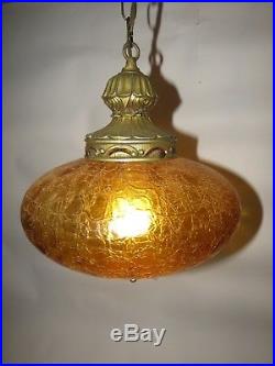 Vintage Swag Lamp BOHO Gold Crakle Hanging Light Italian Art Glass Rewired Retro