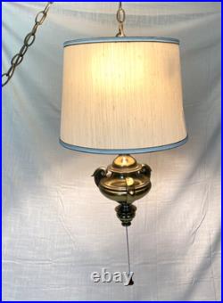 Vintage Swag Lamp Brass Hanging Light Pull Chain Drum Shade MCM Retro Working