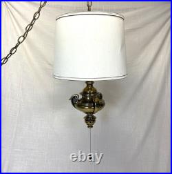Vintage Swag Lamp Brass Hanging Light Pull Chain Drum Shade MCM Retro Working