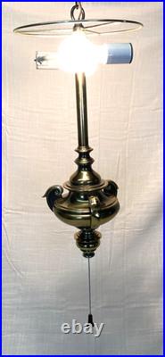 Vintage Swag Lamp Brass Hanging Light Pull Chain Drum Shade MCM Retro Working