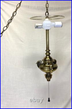 Vintage Swag Lamp Brass Hanging Light Pull Chain Drum Shade MCM Retro Working