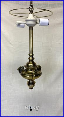 Vintage Swag Lamp Brass Hanging Light Pull Chain Drum Shade MCM Retro Working
