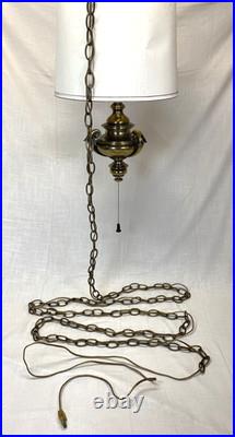 Vintage Swag Lamp Brass Hanging Light Pull Chain Drum Shade MCM Retro Working