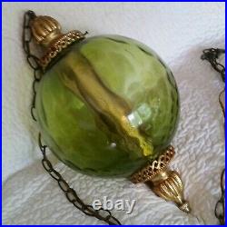 Vintage Swag Lamp Large Green Glass Ball Brass Gold Finial Hanging Light MCM 23