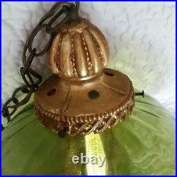 Vintage Swag Lamp Large Green Glass Ball Brass Gold Finial Hanging Light MCM 23