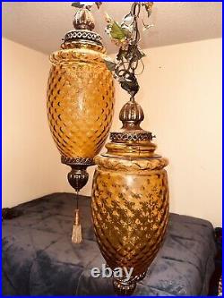 Vintage Swag Lamp Pair Amber Orange Hollywood Regency Antique Light Hanging