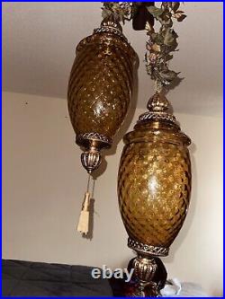 Vintage Swag Lamp Pair Amber Orange Hollywood Regency Antique Light Hanging