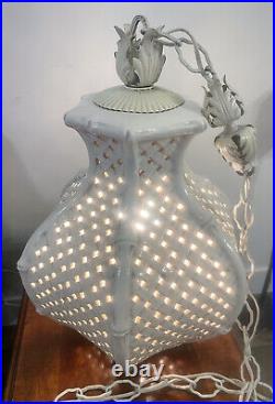 Vintage Swag Lamp Reticulated Porcelain Basketweave Bamboo Lattice Tole Hanging