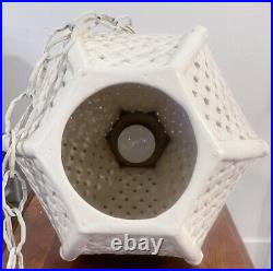 Vintage Swag Lamp Reticulated Porcelain Basketweave Bamboo Lattice Tole Hanging