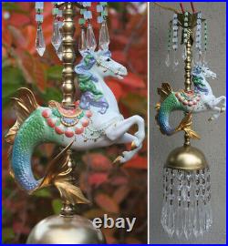 Vintage Swag Lamp Sea Prancer Porcelain Horse Carousel Brass Chandelier Nursery