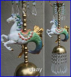 Vintage Swag Lamp Sea Prancer Porcelain Horse Carousel Brass Chandelier Nursery
