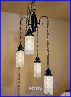 Vintage Swag Light 4 TIER Hanging Lamp Geometric Clear Glass HOLLYWOOD REGENCY
