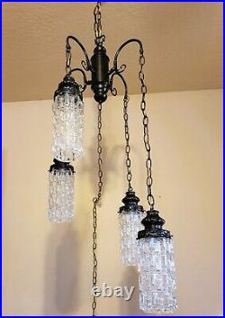 Vintage Swag Light 4 TIER Hanging Lamp Geometric Clear Glass HOLLYWOOD REGENCY