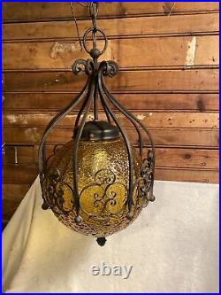 Vintage Swag Light Hanging Lamp Metal & Amber Glass MCM Caged