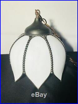 Vintage Swag Light White Stained Glass Tulip Hanging Lamp Fixture
