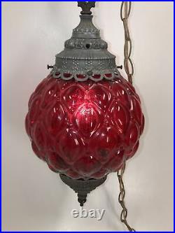 Vintage Swag Red Glass Hanging Light with Chain Mid-Century Modern Lamp Pendant