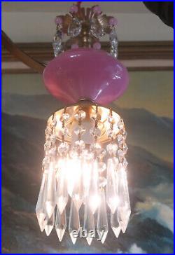 Vintage Swag lamp Opaline Pink Rose Art Glass beaded brass crystal prisms Murano