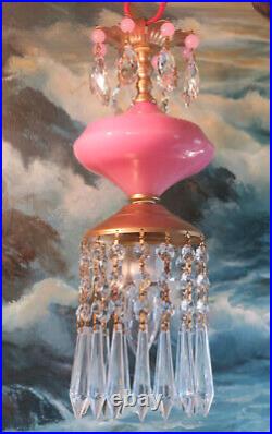 Vintage Swag lamp Opaline Pink Rose Art Glass beaded brass crystal prisms Murano