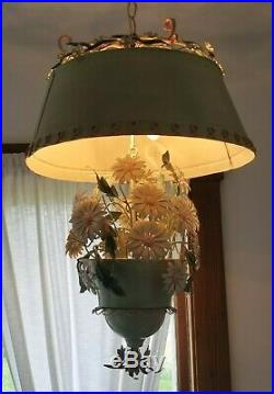 Vintage TOLE Hanging Chandelier LAMP with DAISIES Hand Crafted Italy Florentia