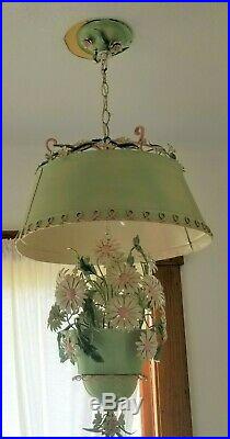 Vintage TOLE Hanging Chandelier LAMP with DAISIES Hand Crafted Italy Florentia