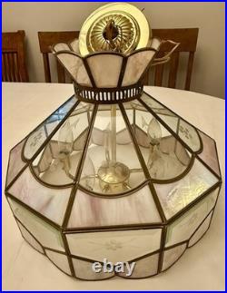 Vintage Tiffany Style Hanging Lamp Iridescent Pink Stained Glass Floral Accents
