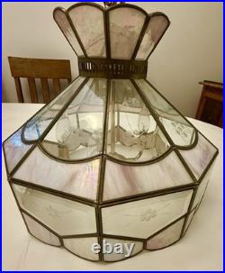 Vintage Tiffany Style Hanging Lamp Iridescent Pink Stained Glass Floral Accents