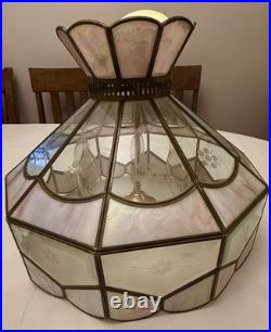 Vintage Tiffany Style Hanging Lamp Iridescent Pink Stained Glass Floral Accents