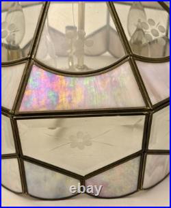 Vintage Tiffany Style Hanging Lamp Iridescent Pink Stained Glass Floral Accents
