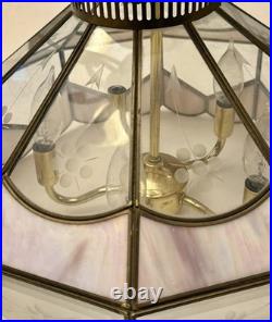 Vintage Tiffany Style Hanging Lamp Iridescent Pink Stained Glass Floral Accents