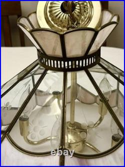 Vintage Tiffany Style Hanging Lamp Iridescent Pink Stained Glass Floral Accents