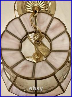 Vintage Tiffany Style Hanging Lamp Iridescent Pink Stained Glass Floral Accents